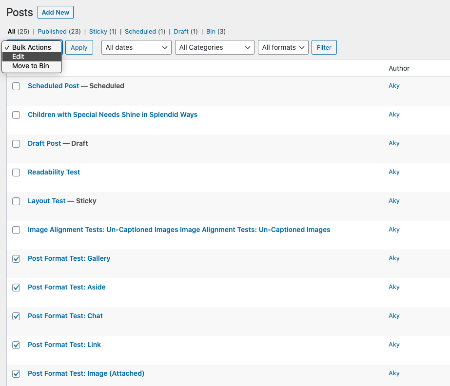 Bulk Edit Actions selection box for Posts
