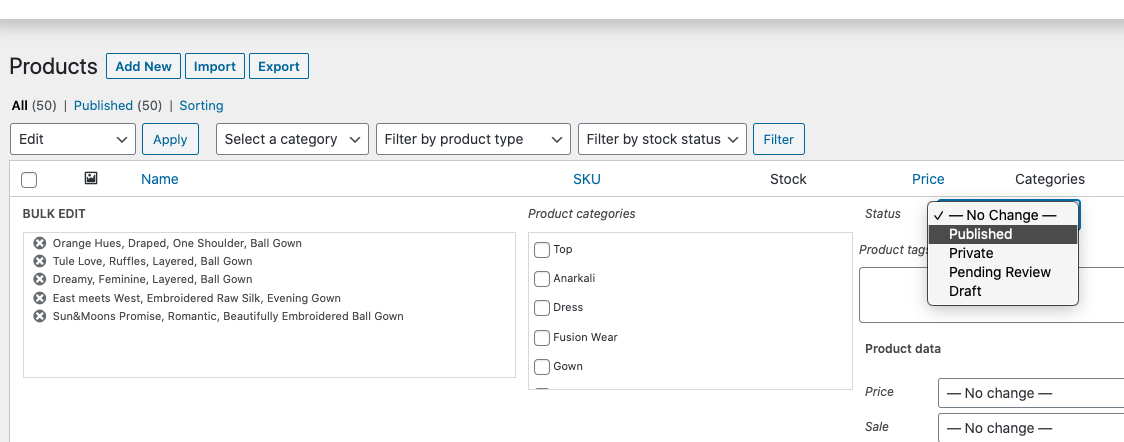 Bulk Publish Actions for Woocommerce Products