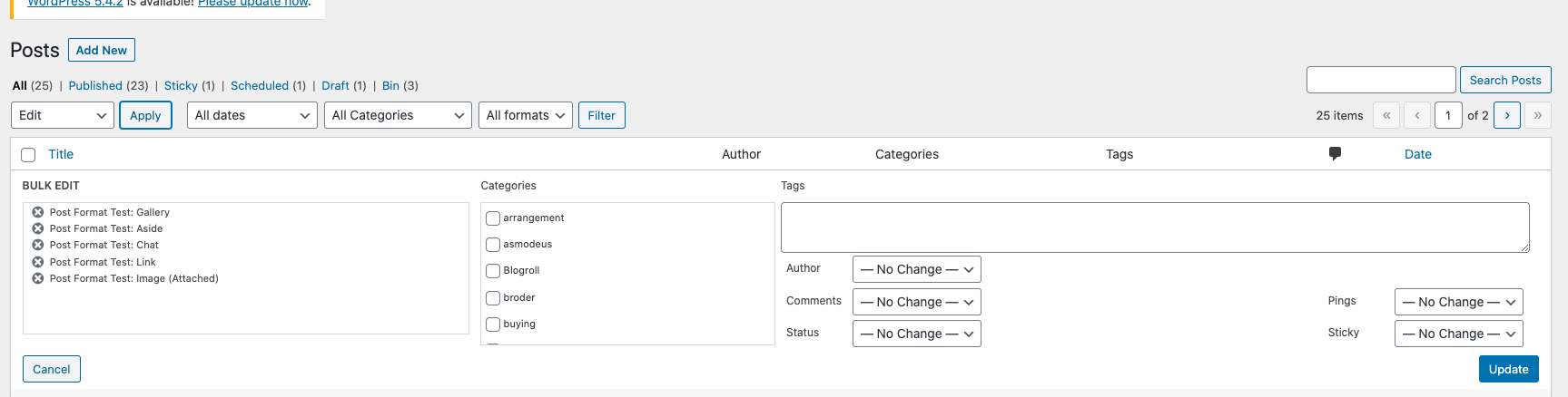 Bulk Edit Actions Options for Posts