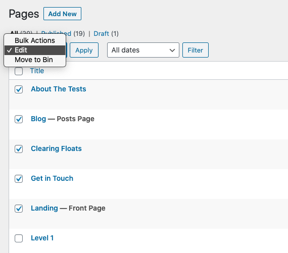Bulk Edit Actions Selection Box for pages