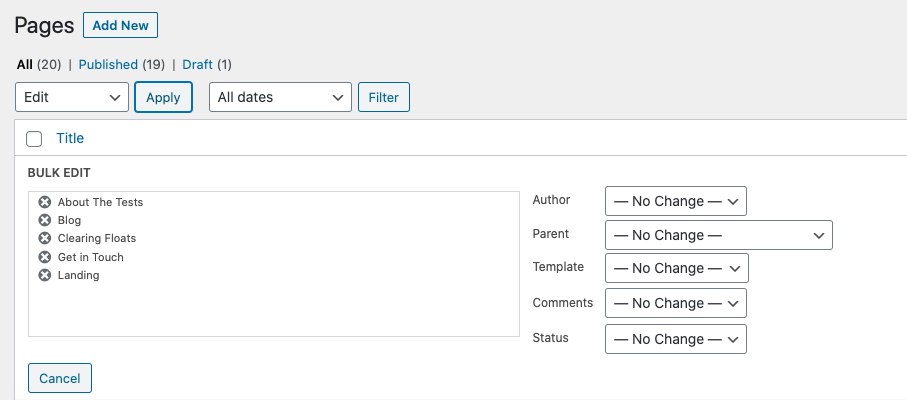 Bulk Edit Actions Options for pages