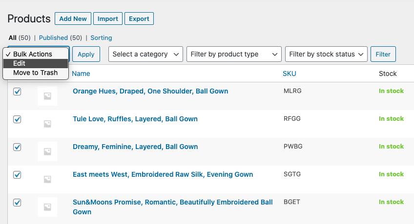 Bulk Edit Actions Selection Box for Products